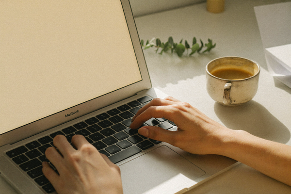 A woman's hands typing on a laptop in warm morning light