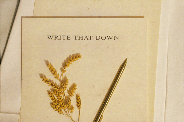 Macro of cream paper stationery with WRITE THAT DOWN text and a gold fountain pen