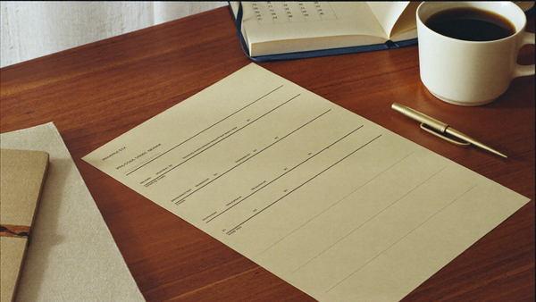A cream printable perimenopause symptom-tracking page on a walnut desk beside a brass pen, notebook, and black coffee in warm morning light