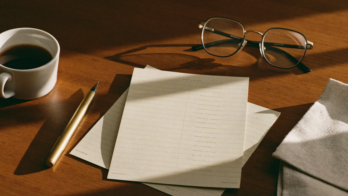 A cream printable headache log page with ruled columns on a walnut desk beside a brass pen, reading glasses, and a cup of black coffee in warm morning light