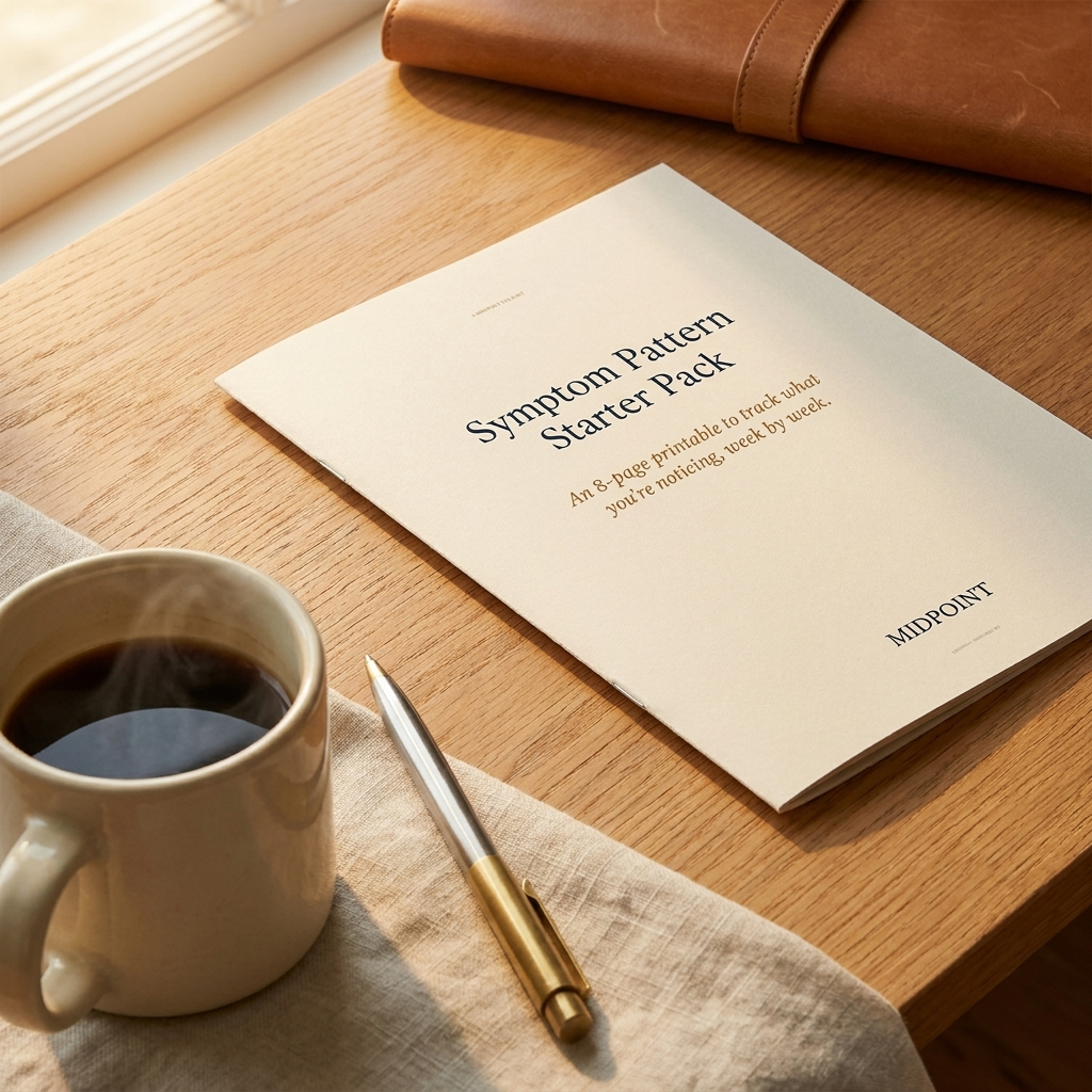 Symptom Pattern Starter Pack cover on oak desk with coffee — hero still life