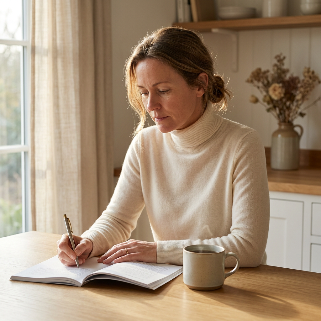 Woman writing in the Perimenopause Decoder Kit at kitchen island, morning light
