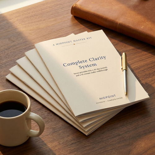 Complete Clarity System — fanned bundle of slim printable booklets on walnut desk