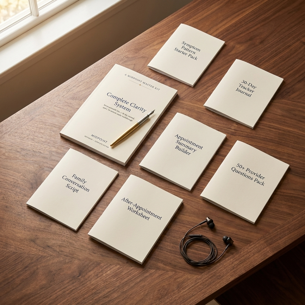 Complete Clarity System — all 7 components labeled and laid out flat on walnut desk