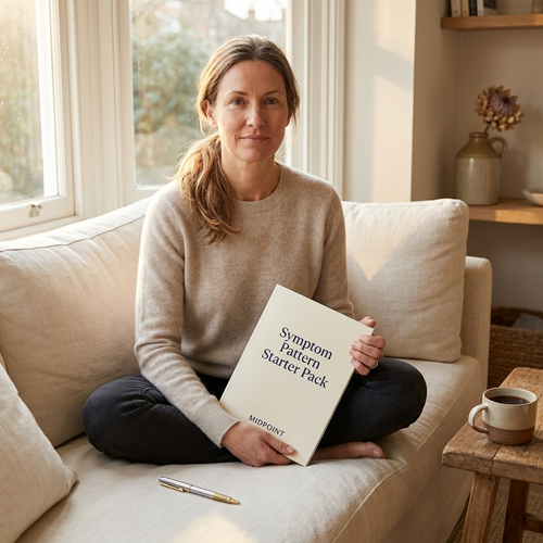 Woman holding Symptom Pattern Starter Pack cover in her lap, sunlit sofa