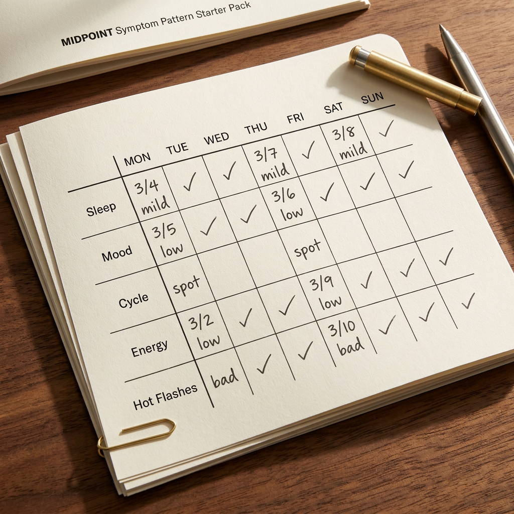 Symptom Pattern Starter Pack — daily tracker page with Sleep Mood Cycle Energy Hot Flashes rows