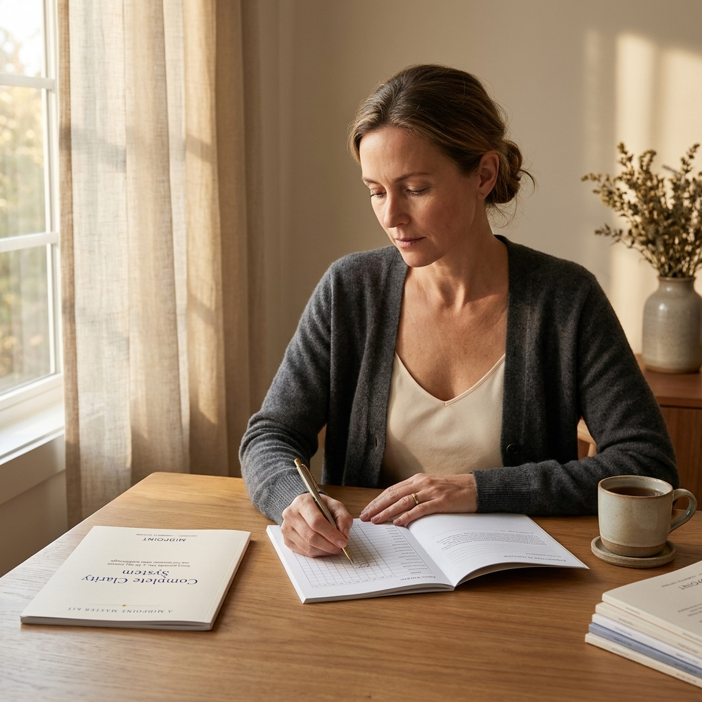 Complete Clarity System in use — cover left, open interior tracker page right, woman writing