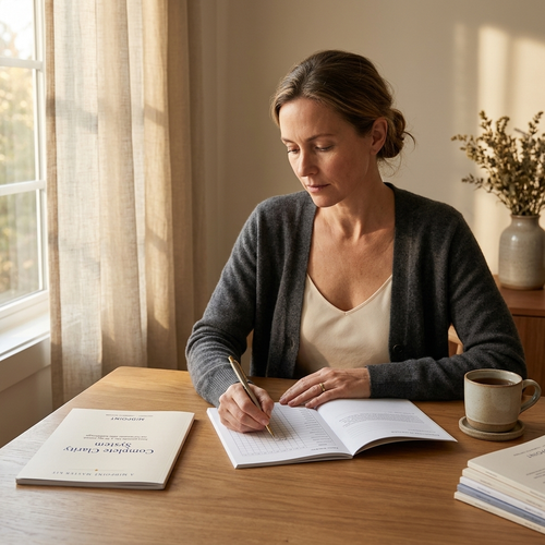 Complete Clarity System in use — cover left, open interior tracker page right, woman writing