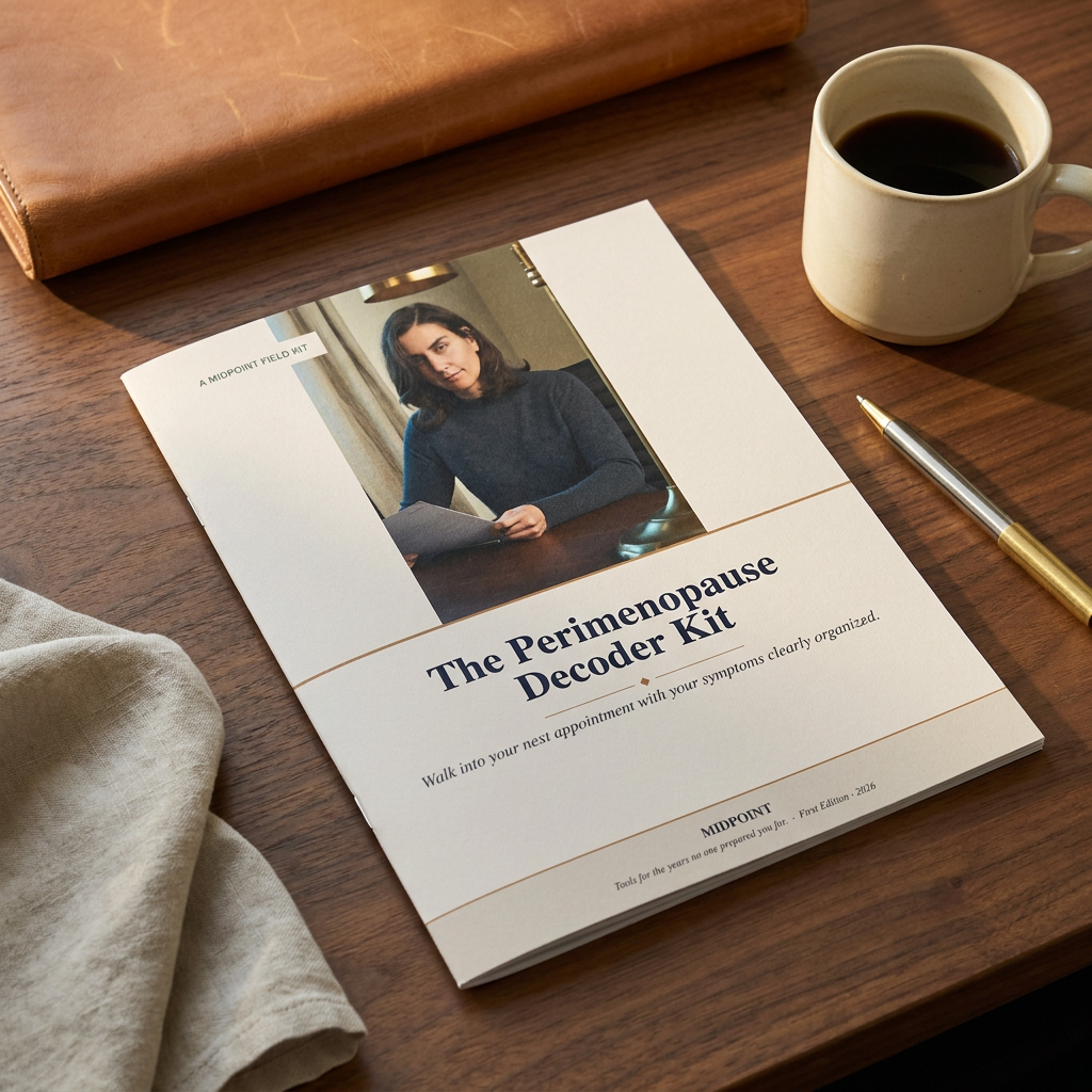 The Perimenopause Decoder Kit — hero still life on walnut desk with coffee and pen