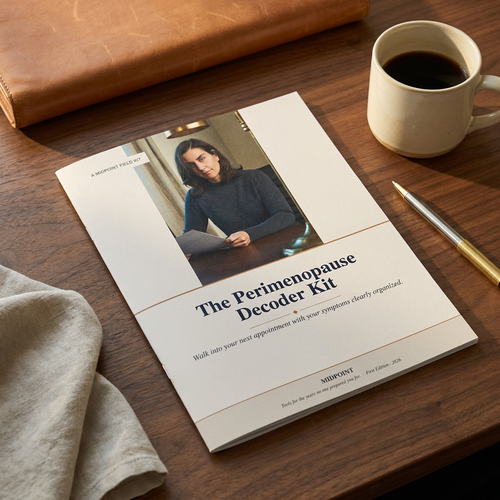 The Perimenopause Decoder Kit — hero still life on walnut desk with coffee and pen